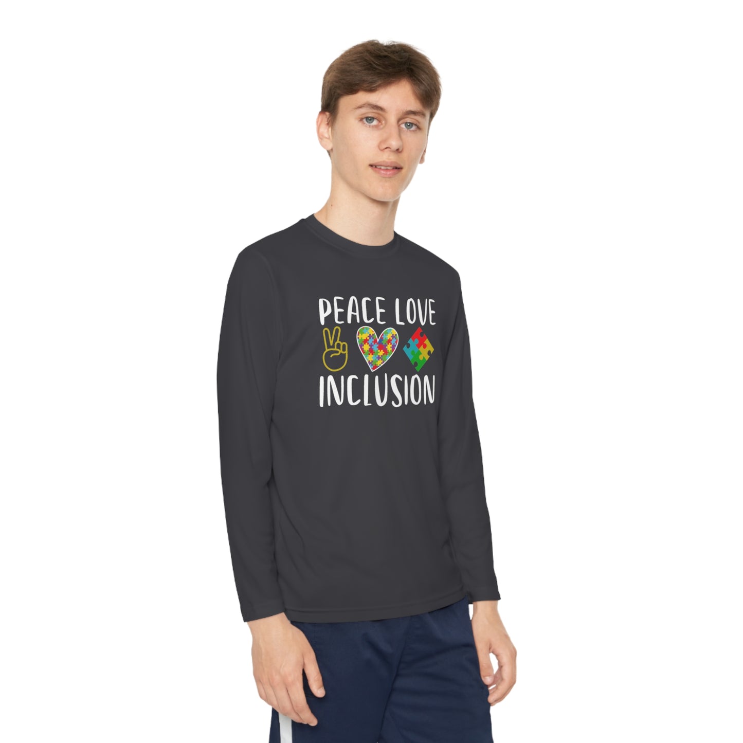 Autism Peace Love Inclusion Youth Long Sleeve Competitor Tee