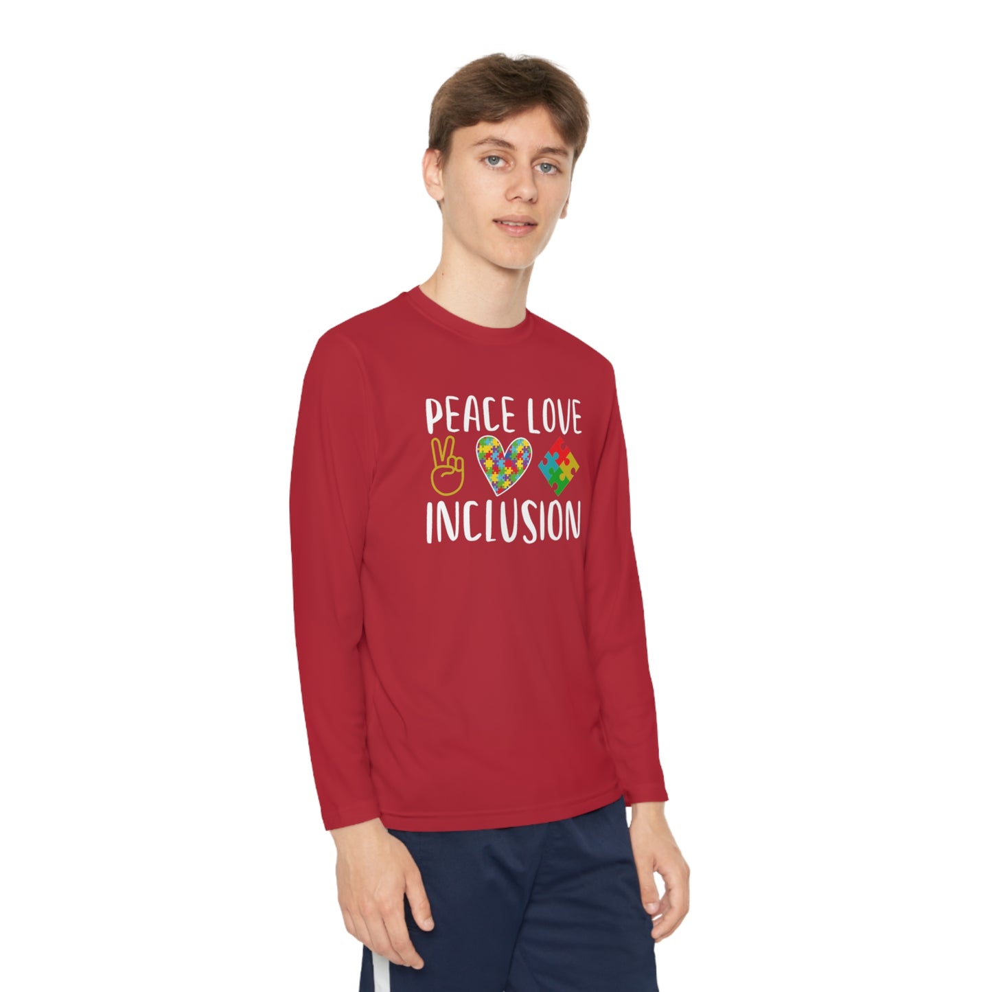 Autism Peace Love Inclusion Youth Long Sleeve Competitor Tee