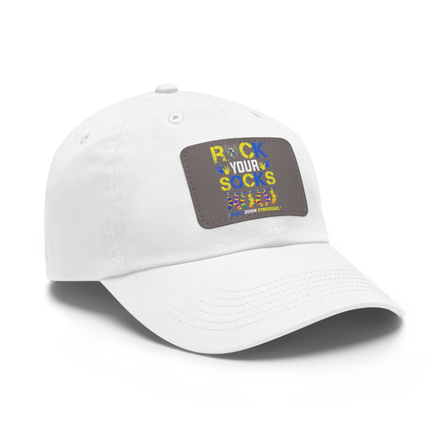 Rock your socks Down Syndrome Dad Hat with Leather Patch (Rectangle)