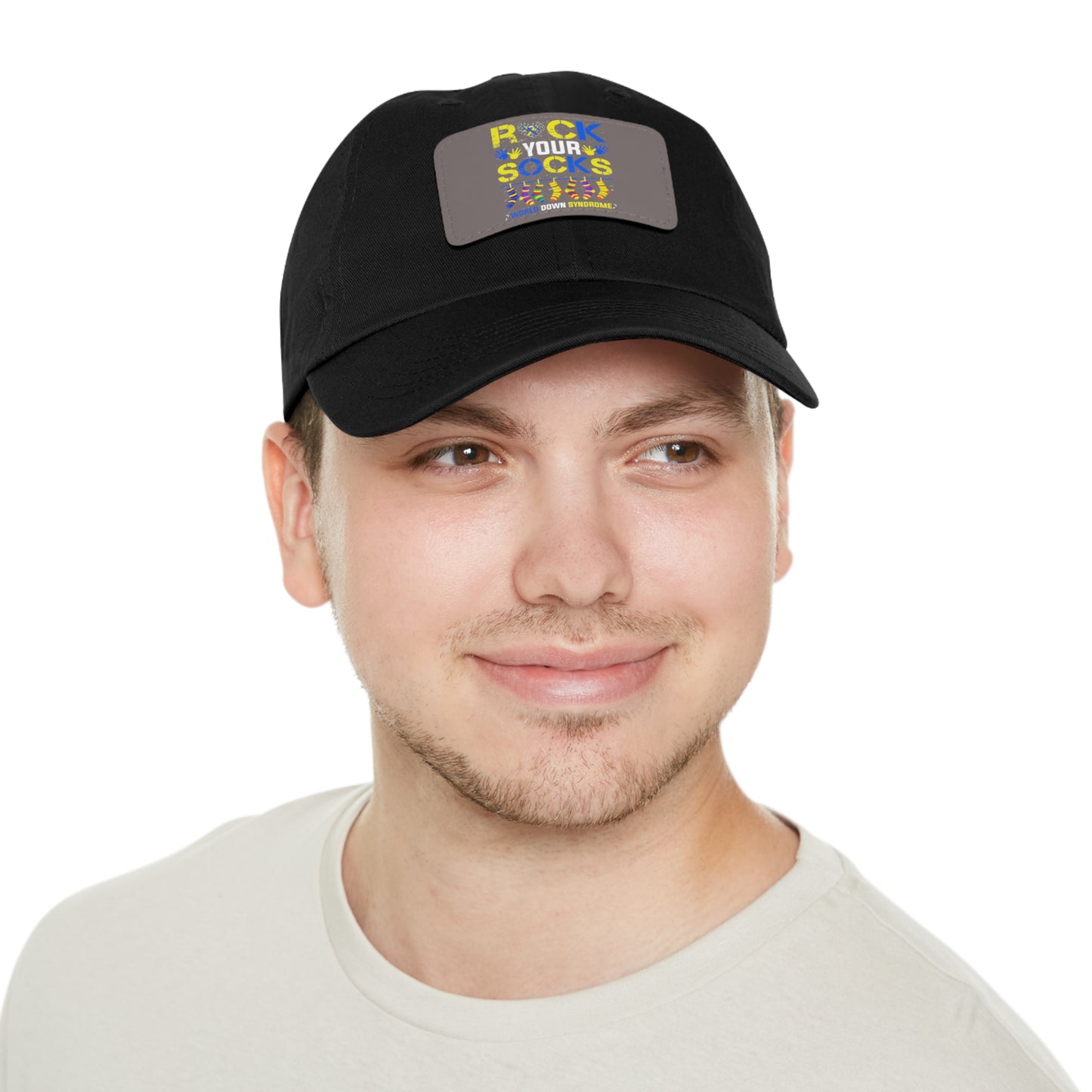 Rock your socks Down Syndrome Dad Hat with Leather Patch (Rectangle)