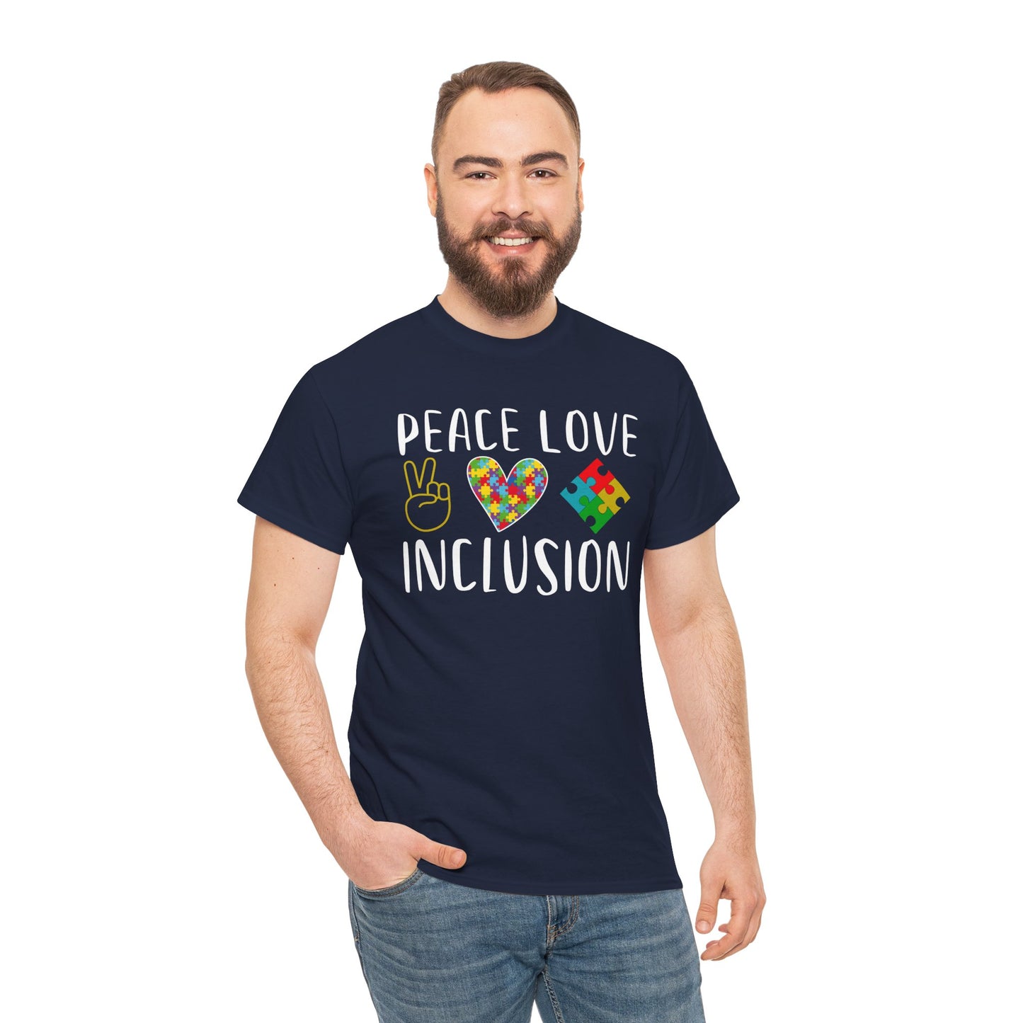 Autism Peace Love Inclusion Unisex Heavy Cotton Tee