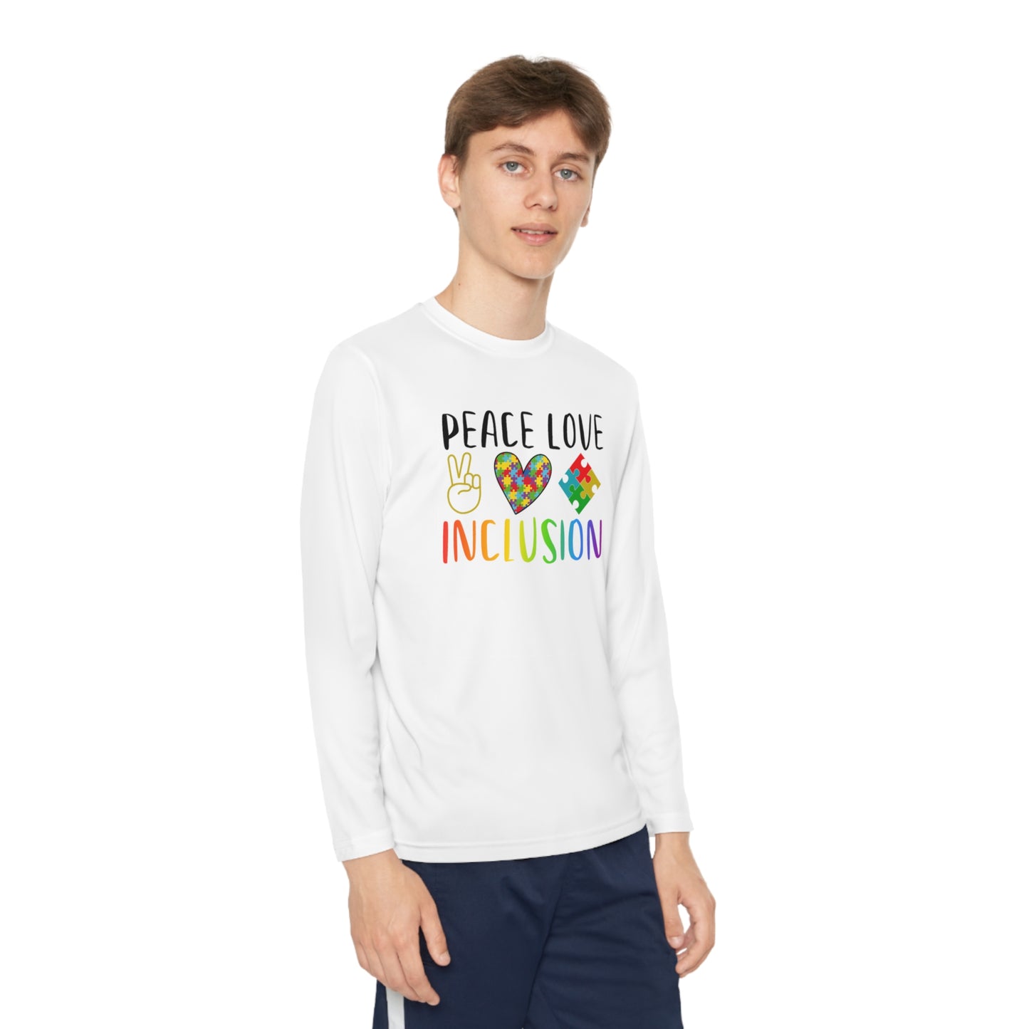 Autism Peace Love Inclusion Youth Long Sleeve Competitor Tee