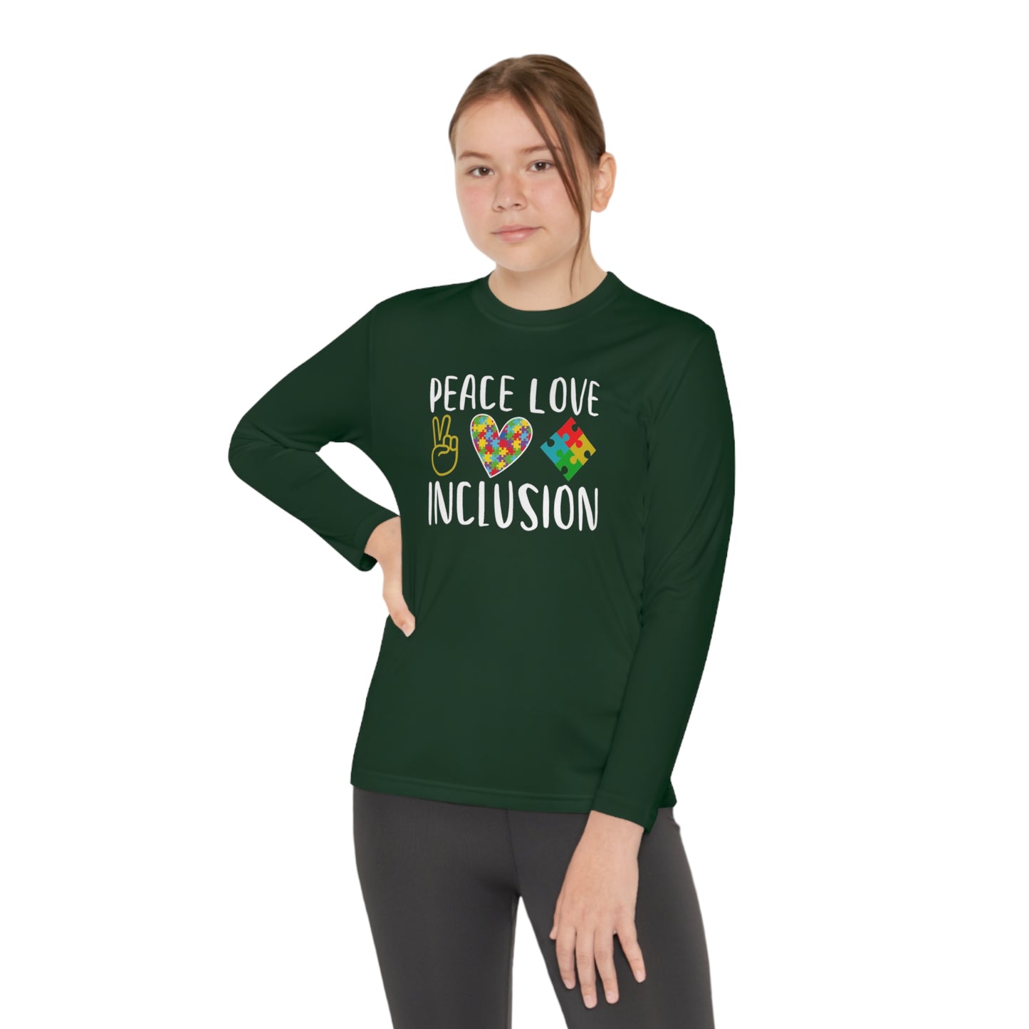 Autism Peace Love Inclusion Youth Long Sleeve Competitor Tee