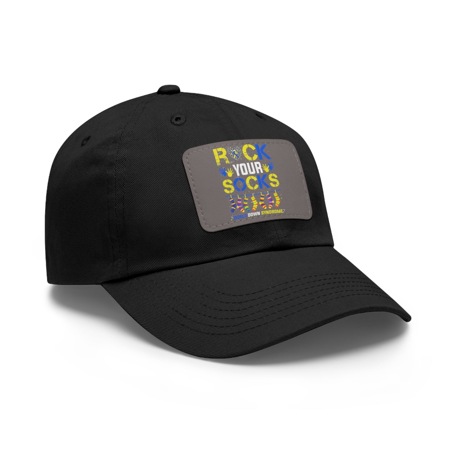 Rock your socks Down Syndrome Dad Hat with Leather Patch (Rectangle)