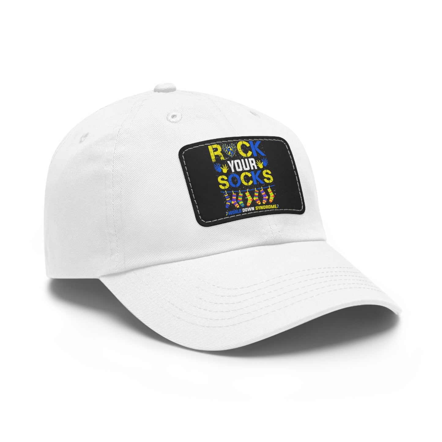 Rock your socks Down Syndrome Dad Hat with Leather Patch (Rectangle)