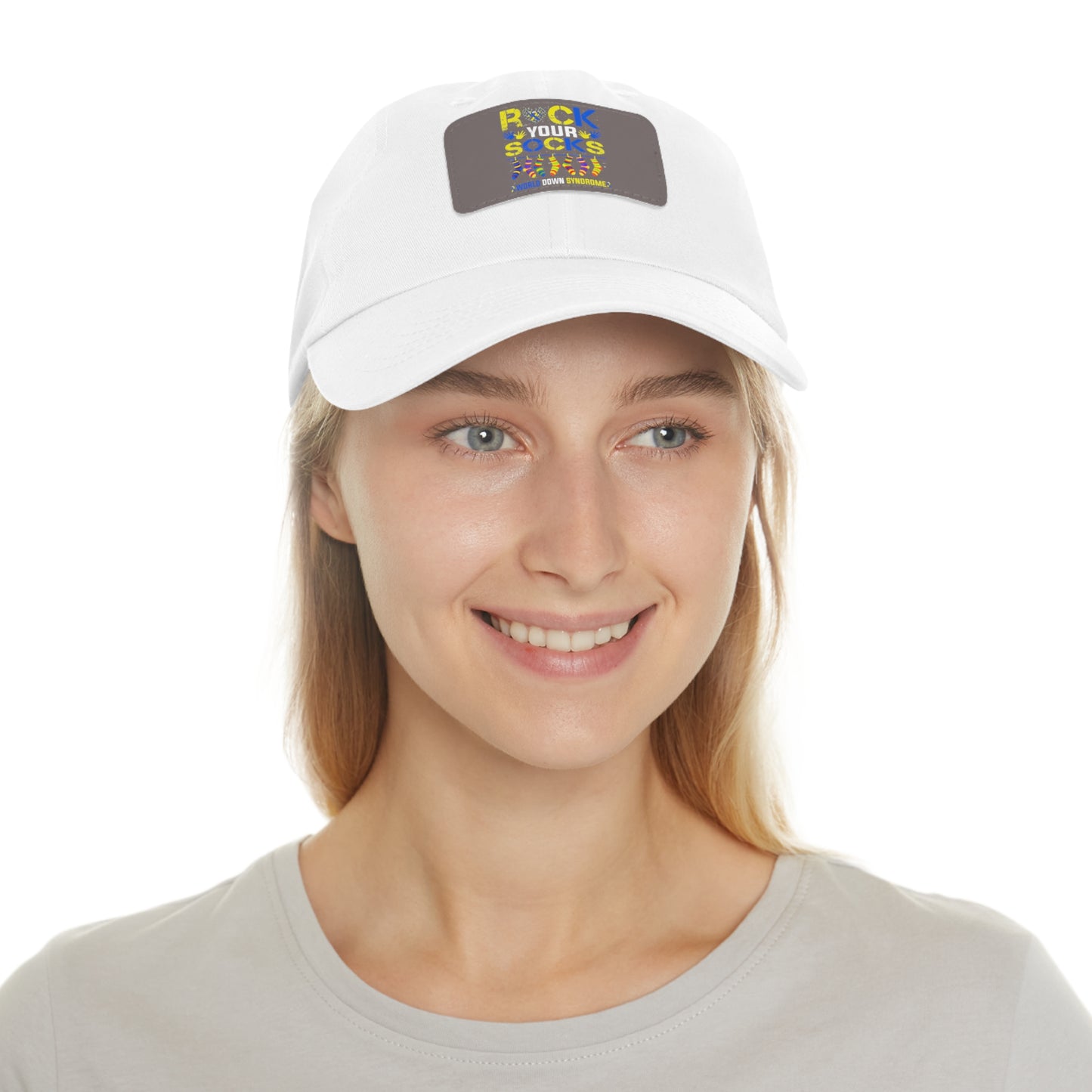 Rock your socks Down Syndrome Dad Hat with Leather Patch (Rectangle)