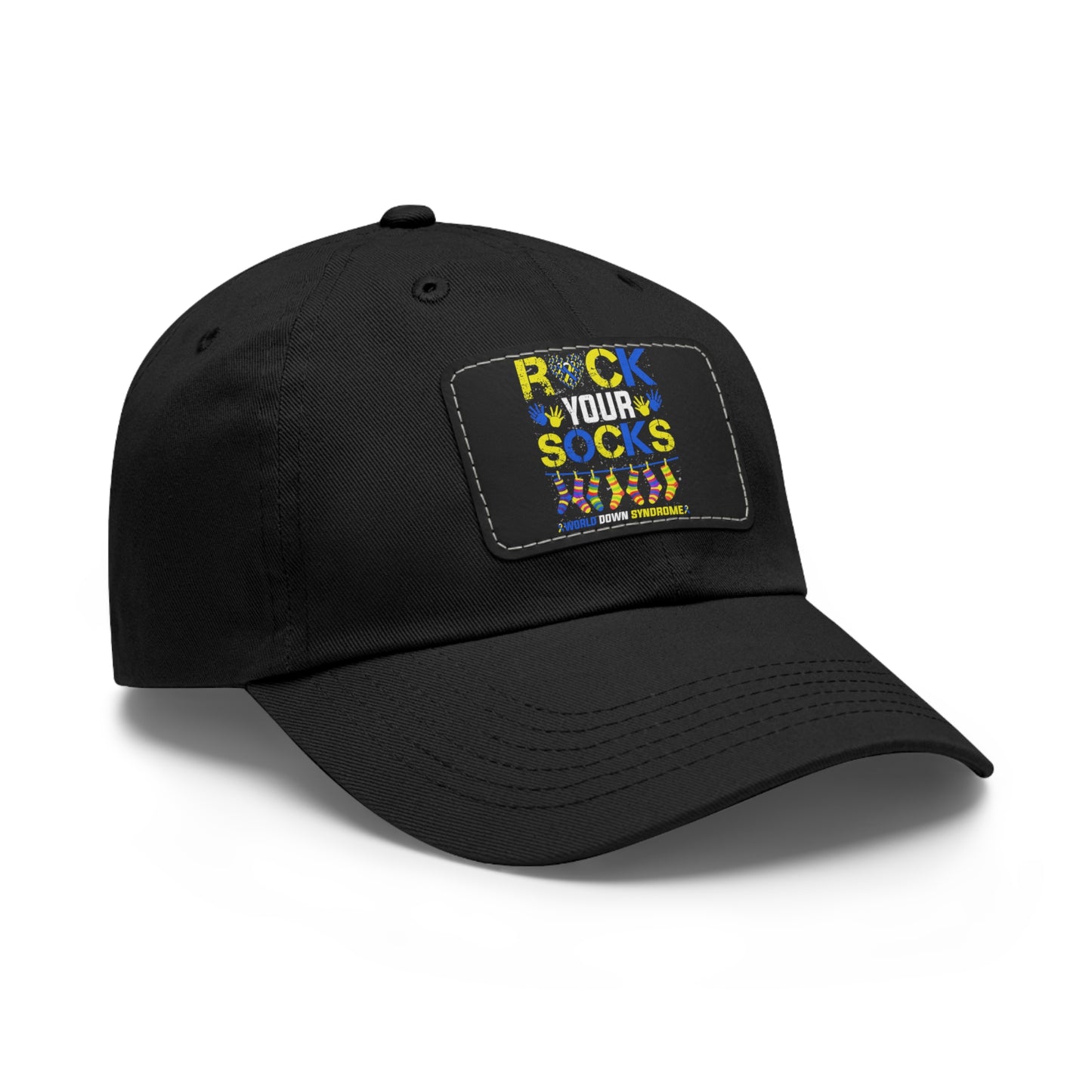 Rock your socks Down Syndrome Dad Hat with Leather Patch (Rectangle)