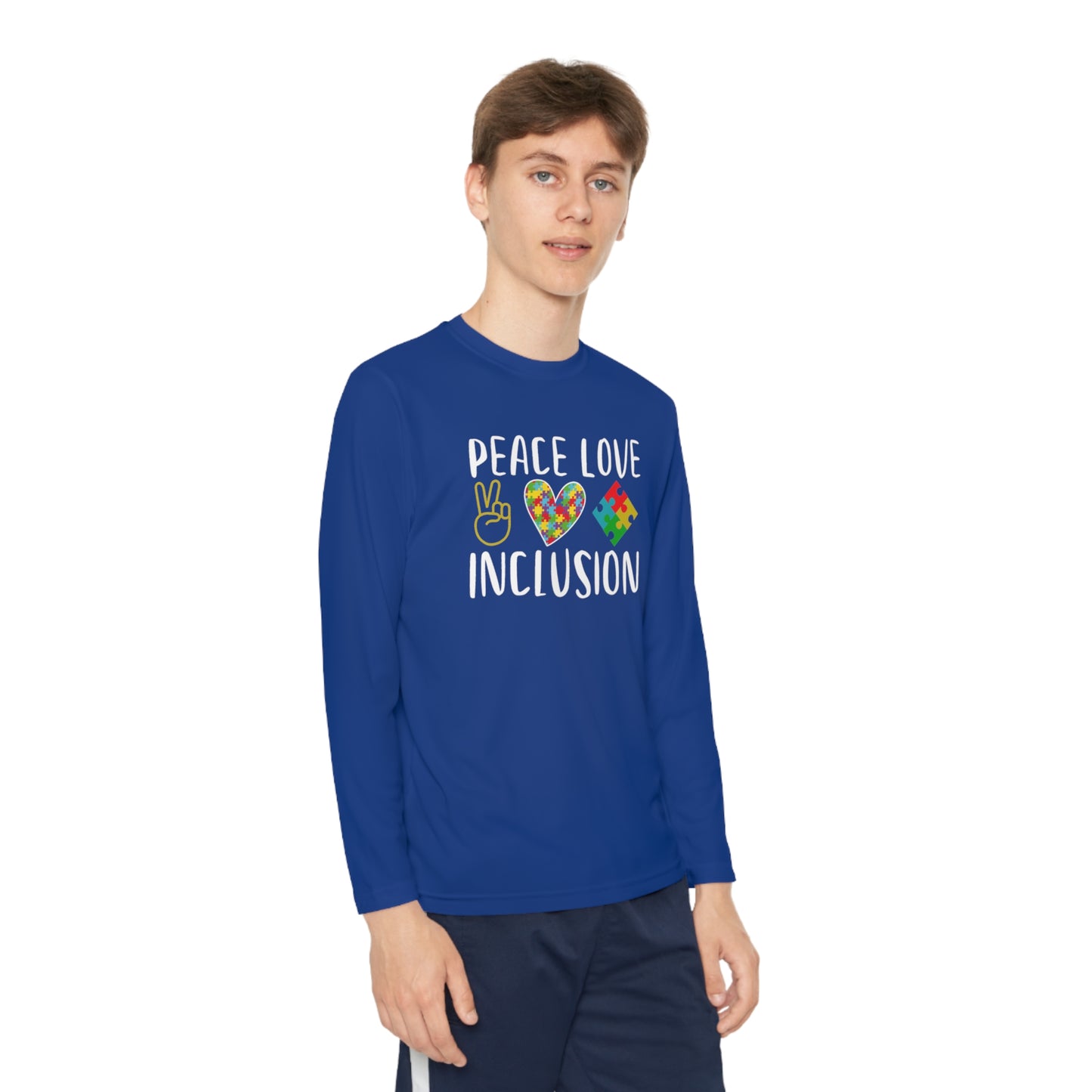 Autism Peace Love Inclusion Youth Long Sleeve Competitor Tee