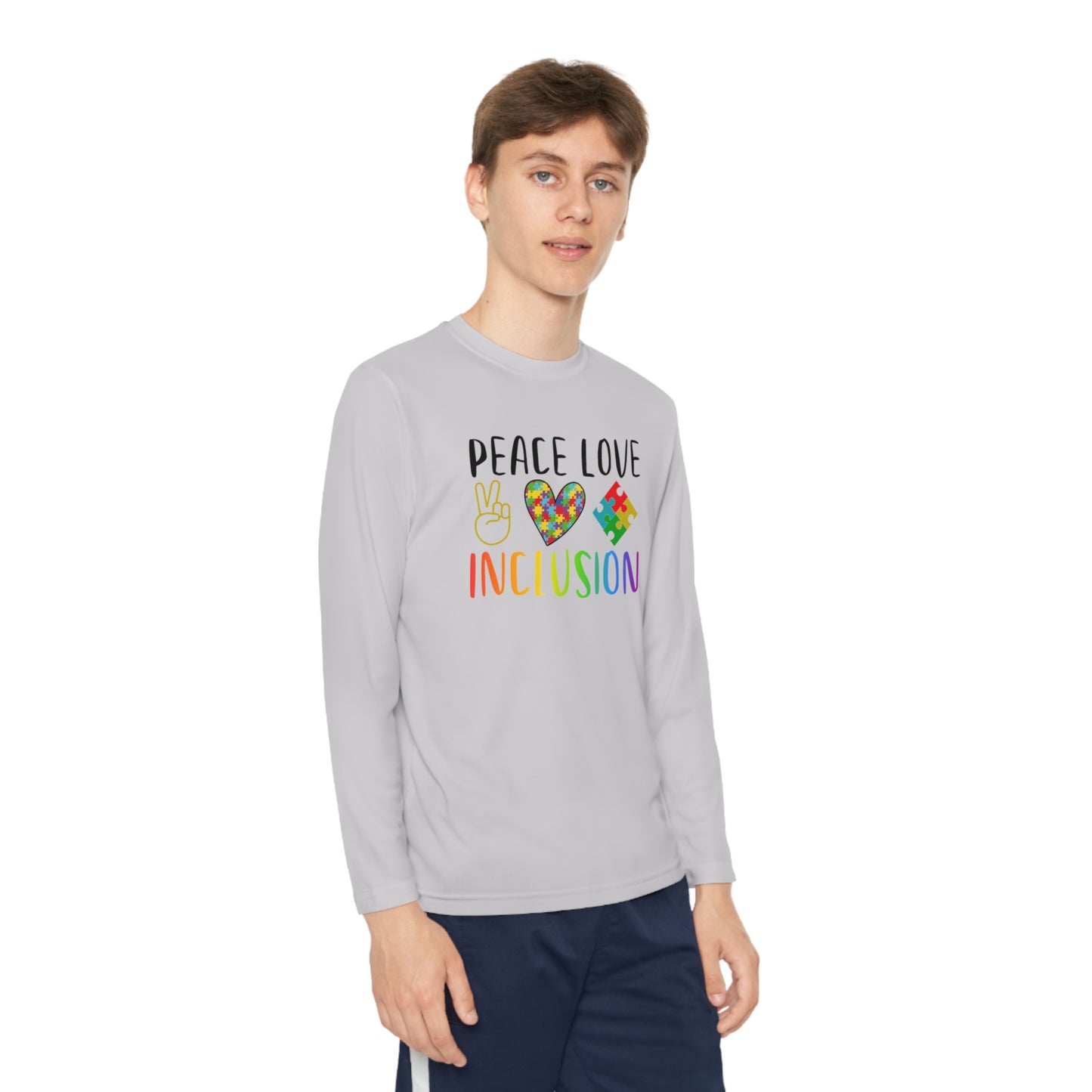 Autism Peace Love Inclusion Youth Long Sleeve Competitor Tee