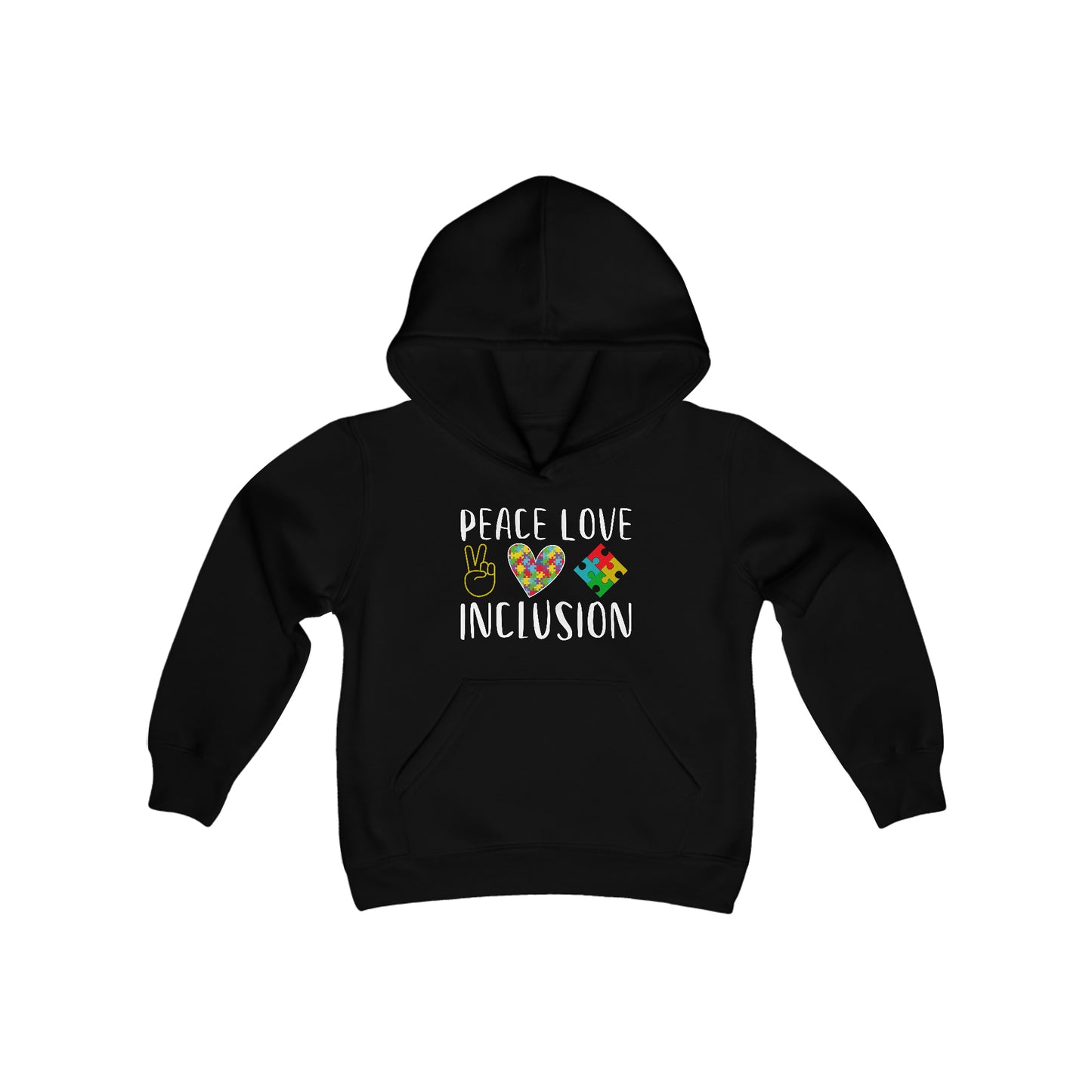 Autism Peace Love Inclusion Youth Heavy Blend Hooded Sweatshirt