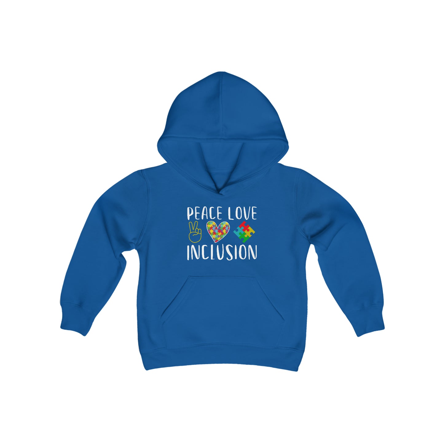 Autism Peace Love Inclusion Youth Heavy Blend Hooded Sweatshirt