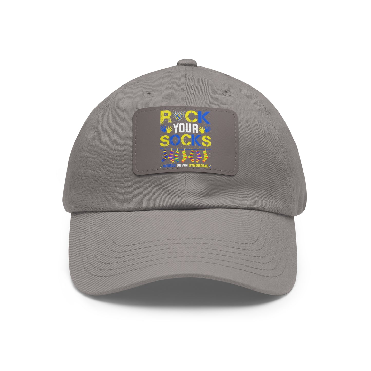 Rock your socks Down Syndrome Dad Hat with Leather Patch (Rectangle)