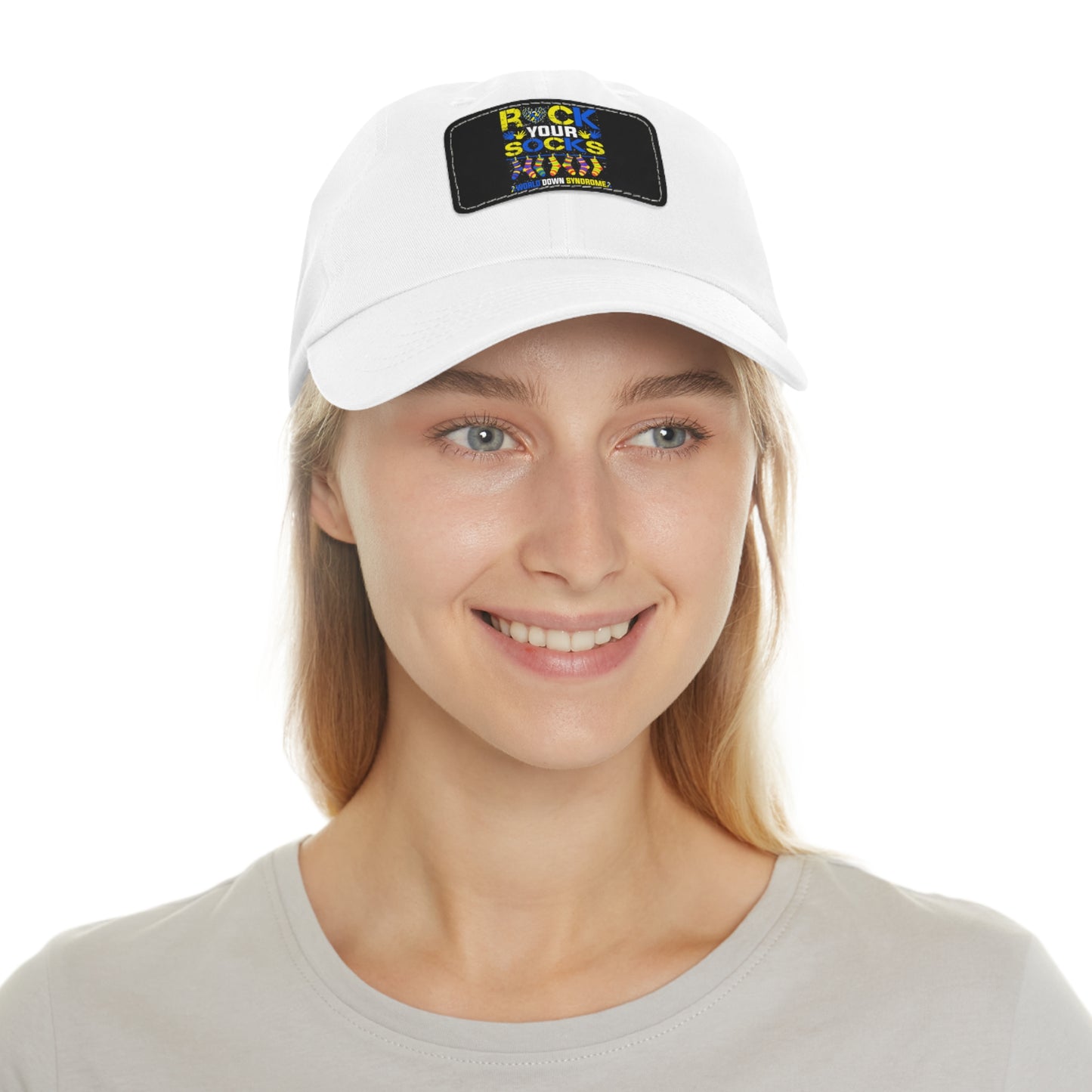 Rock your socks Down Syndrome Dad Hat with Leather Patch (Rectangle)