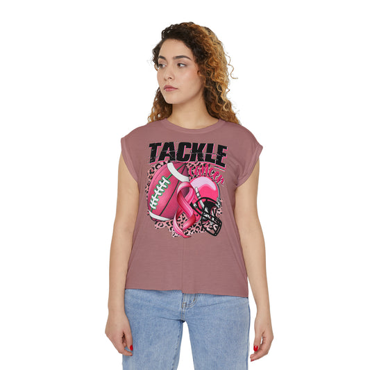 Tackle Cancer Women’s Flowy Rolled Cuffs Muscle Tee