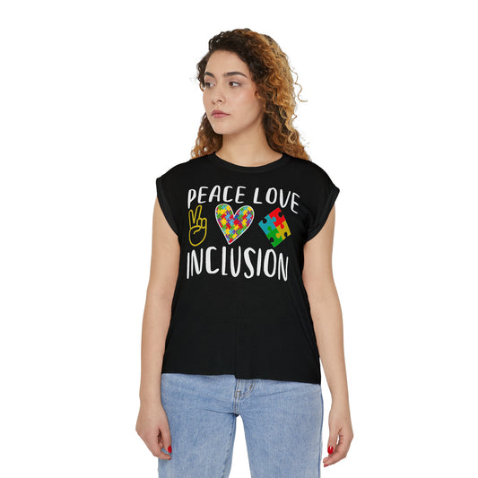 Autism Peace Love Inclusion Women’s Flowy Rolled Cuffs Muscle Tee