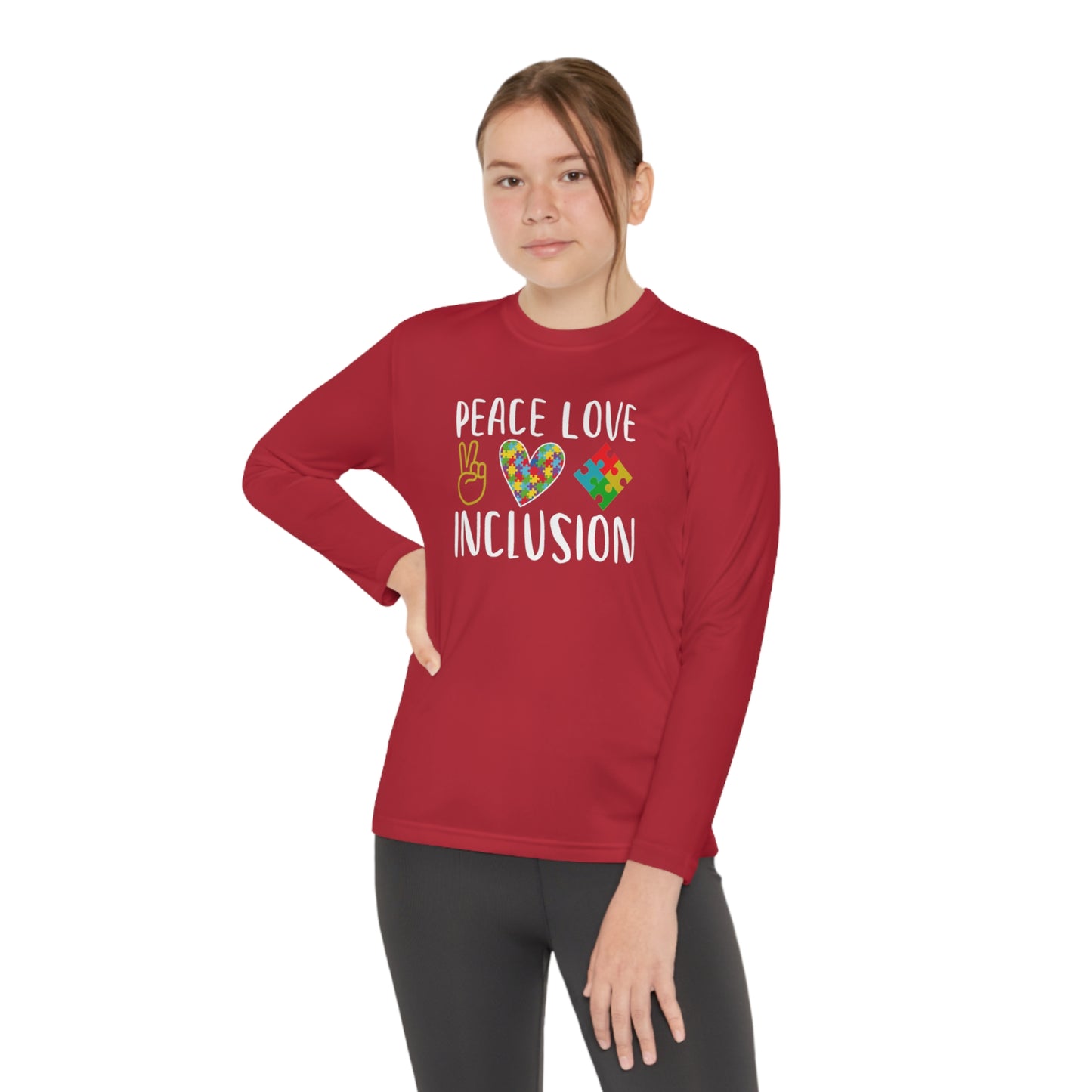 Autism Peace Love Inclusion Youth Long Sleeve Competitor Tee