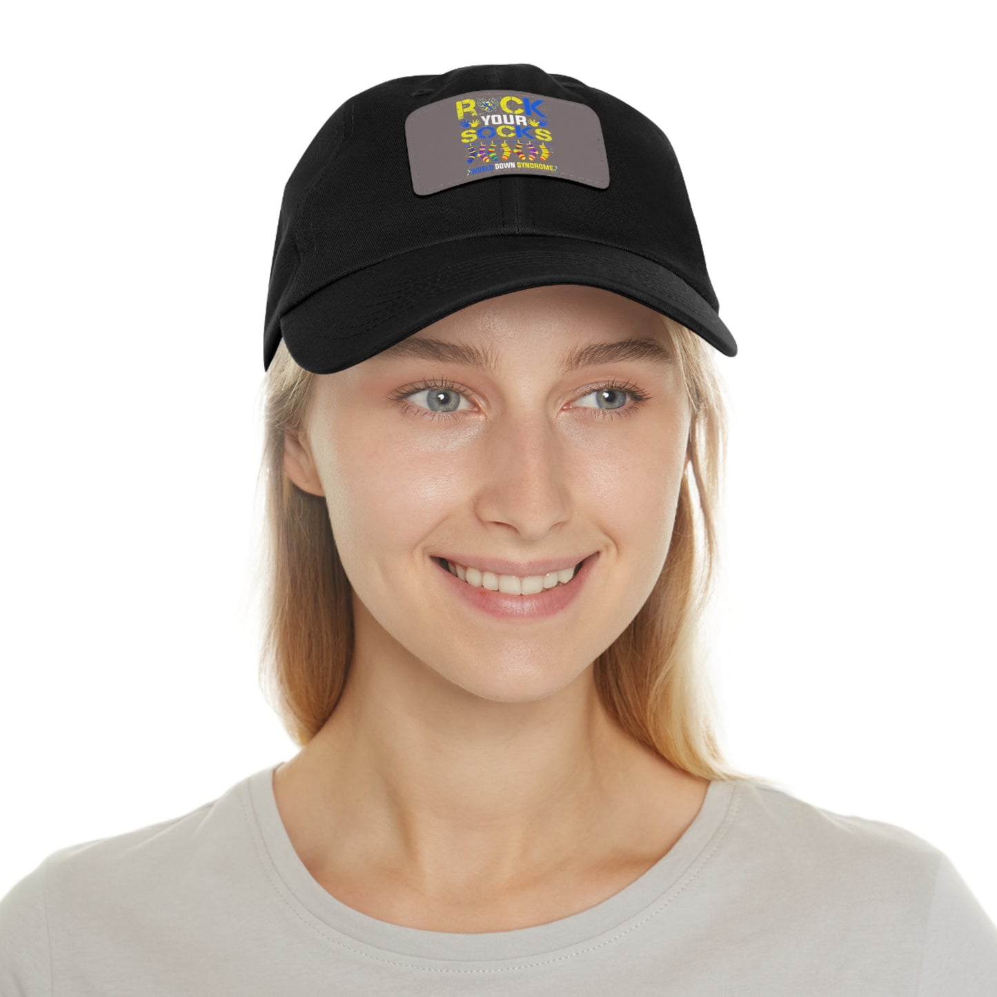 Rock your socks Down Syndrome Dad Hat with Leather Patch (Rectangle)