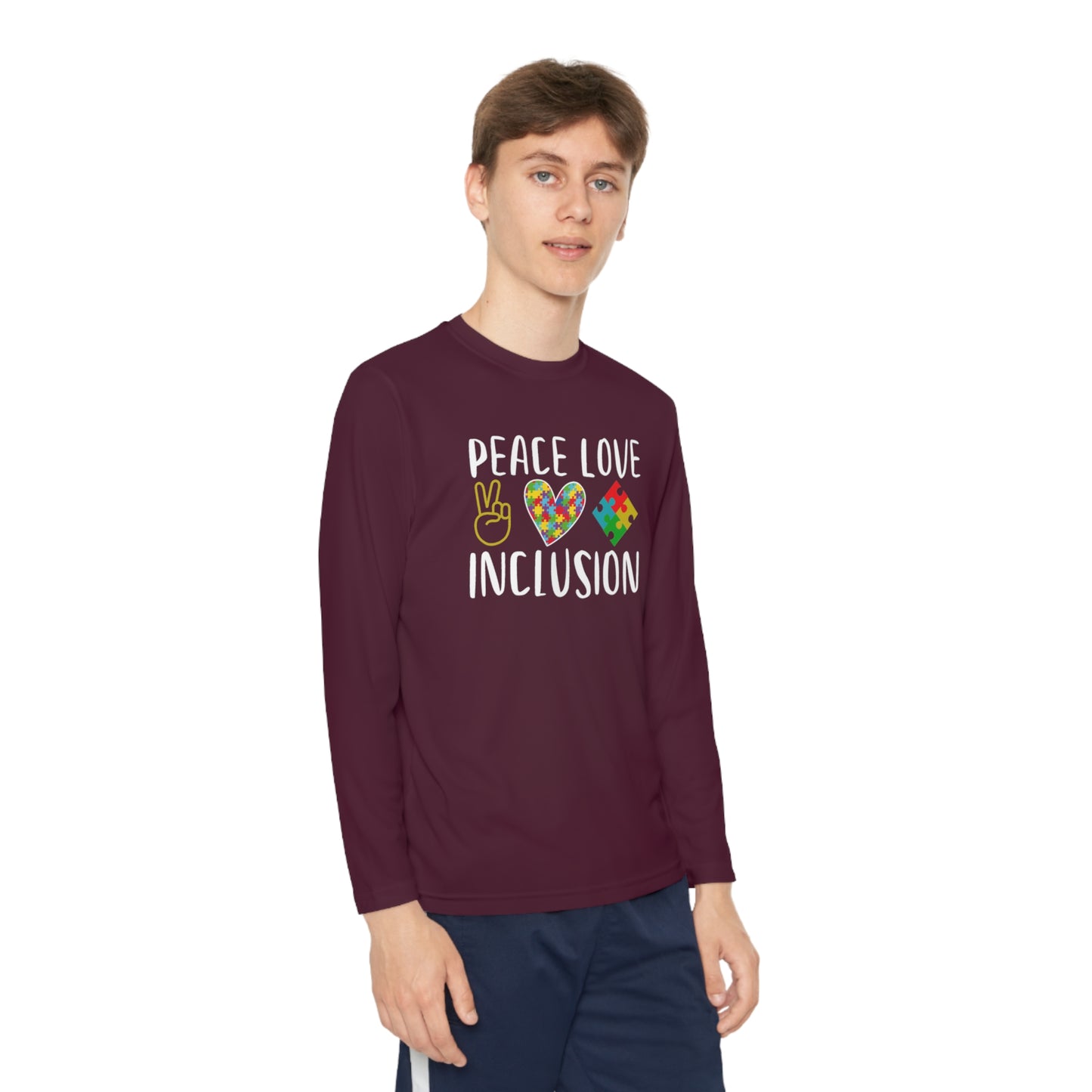 Autism Peace Love Inclusion Youth Long Sleeve Competitor Tee