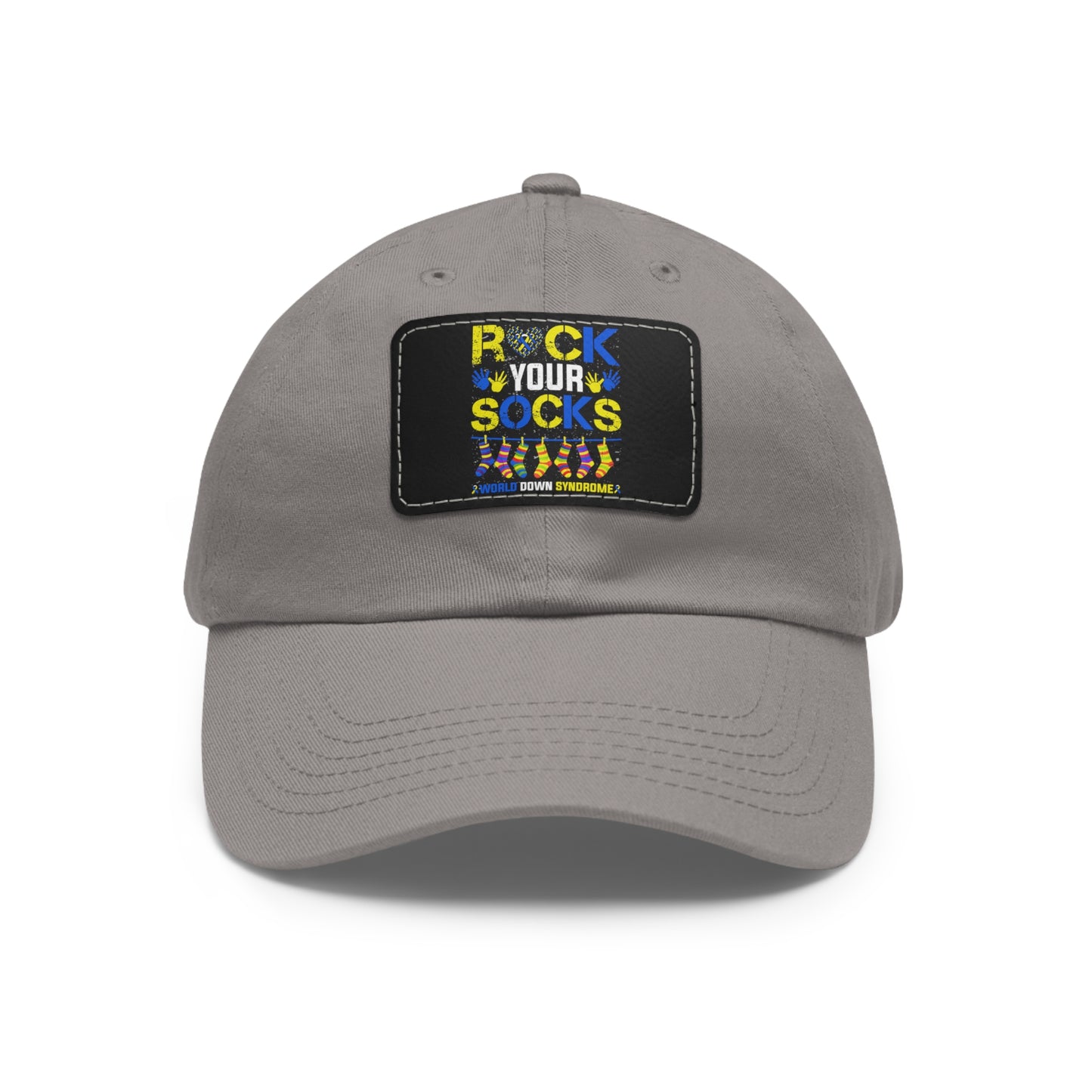 Rock your socks Down Syndrome Dad Hat with Leather Patch (Rectangle)