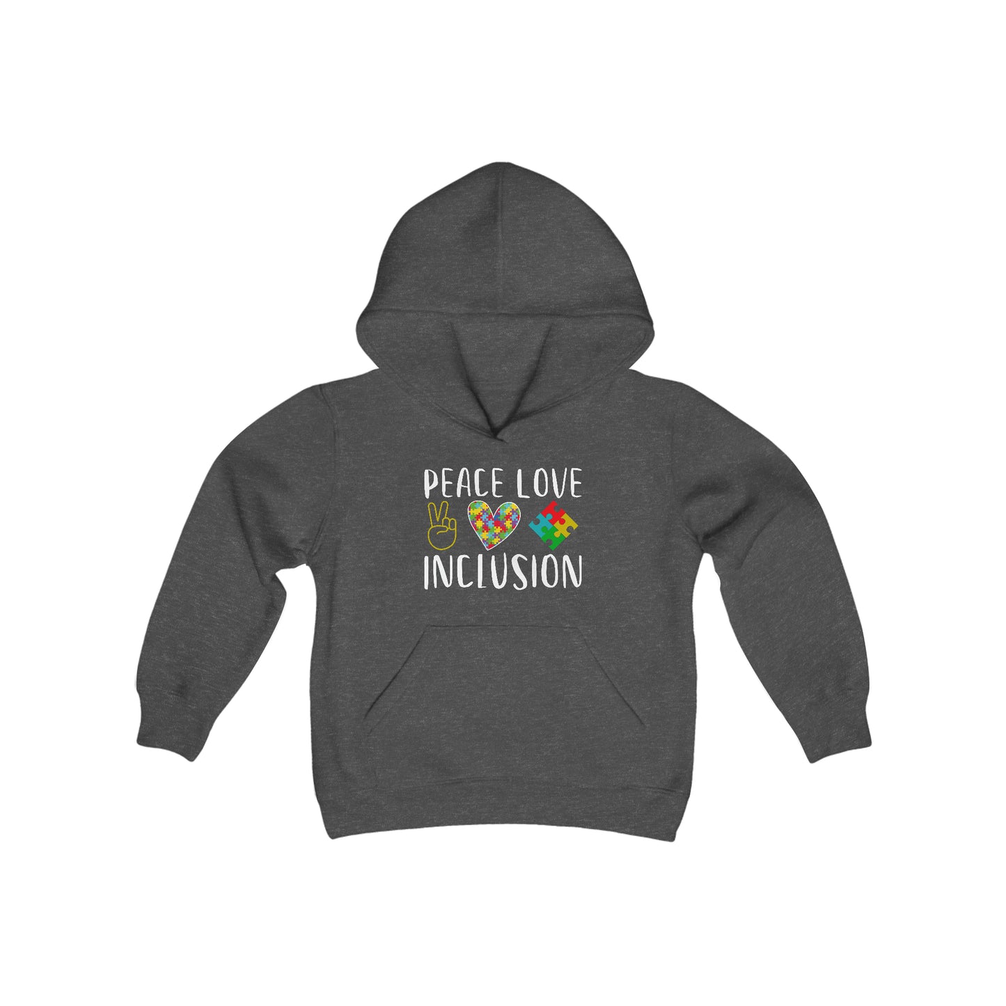 Autism Peace Love Inclusion Youth Heavy Blend Hooded Sweatshirt