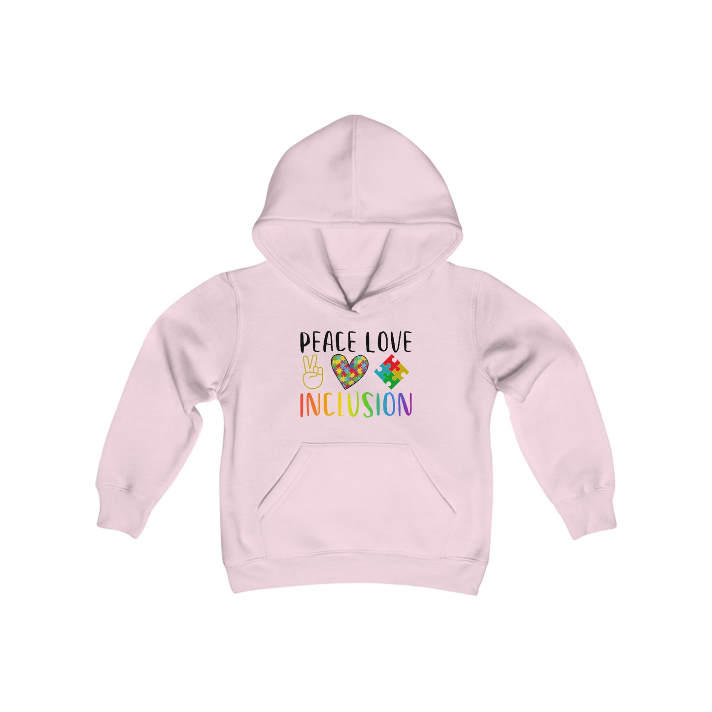 Autism Peace Love Inclusion Youth Heavy Blend Hooded Sweatshirt