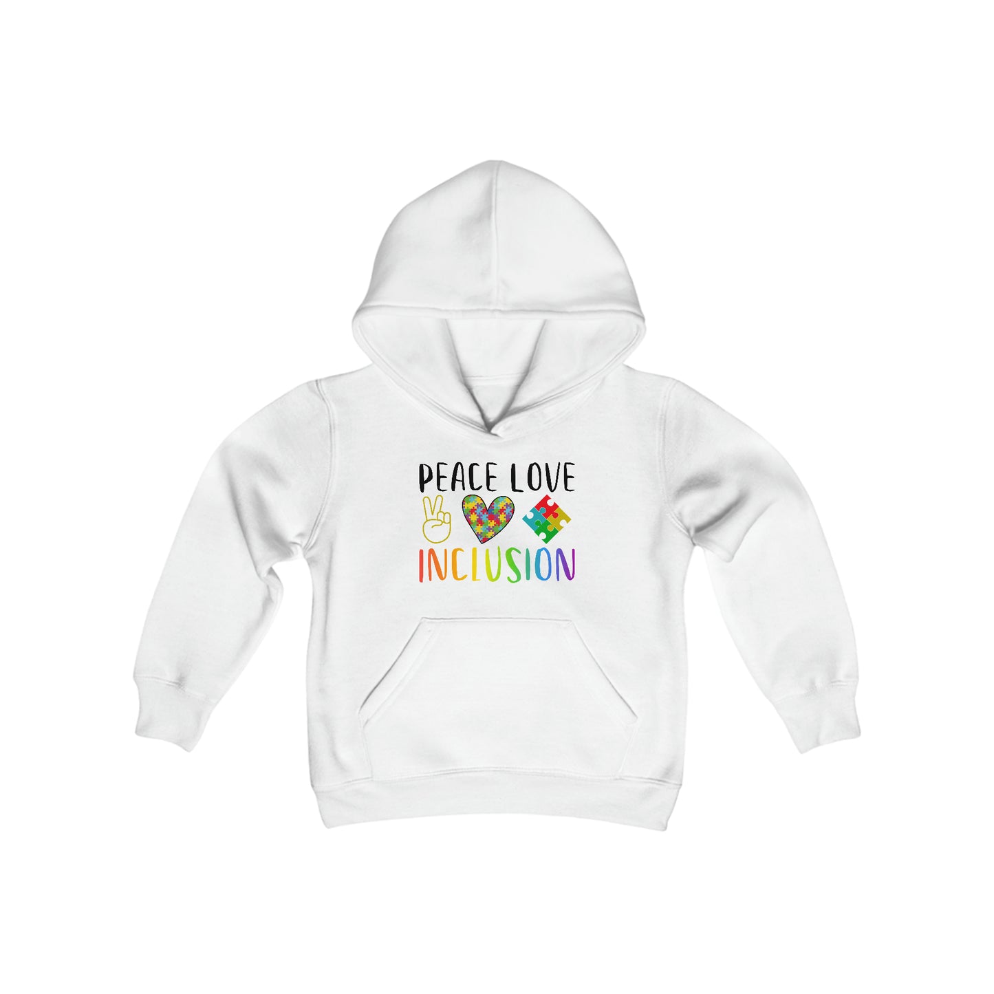 Autism Peace Love Inclusion Youth Heavy Blend Hooded Sweatshirt