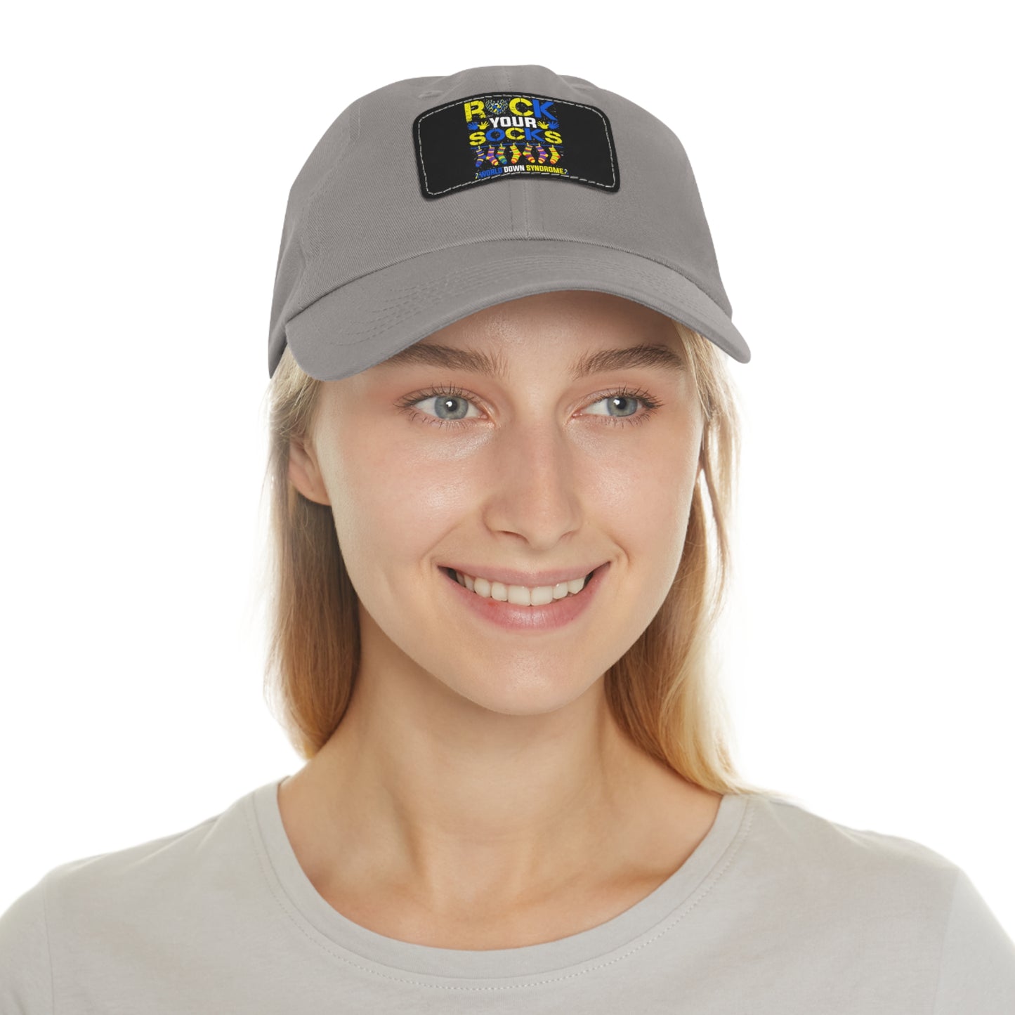 Rock your socks Down Syndrome Dad Hat with Leather Patch (Rectangle)