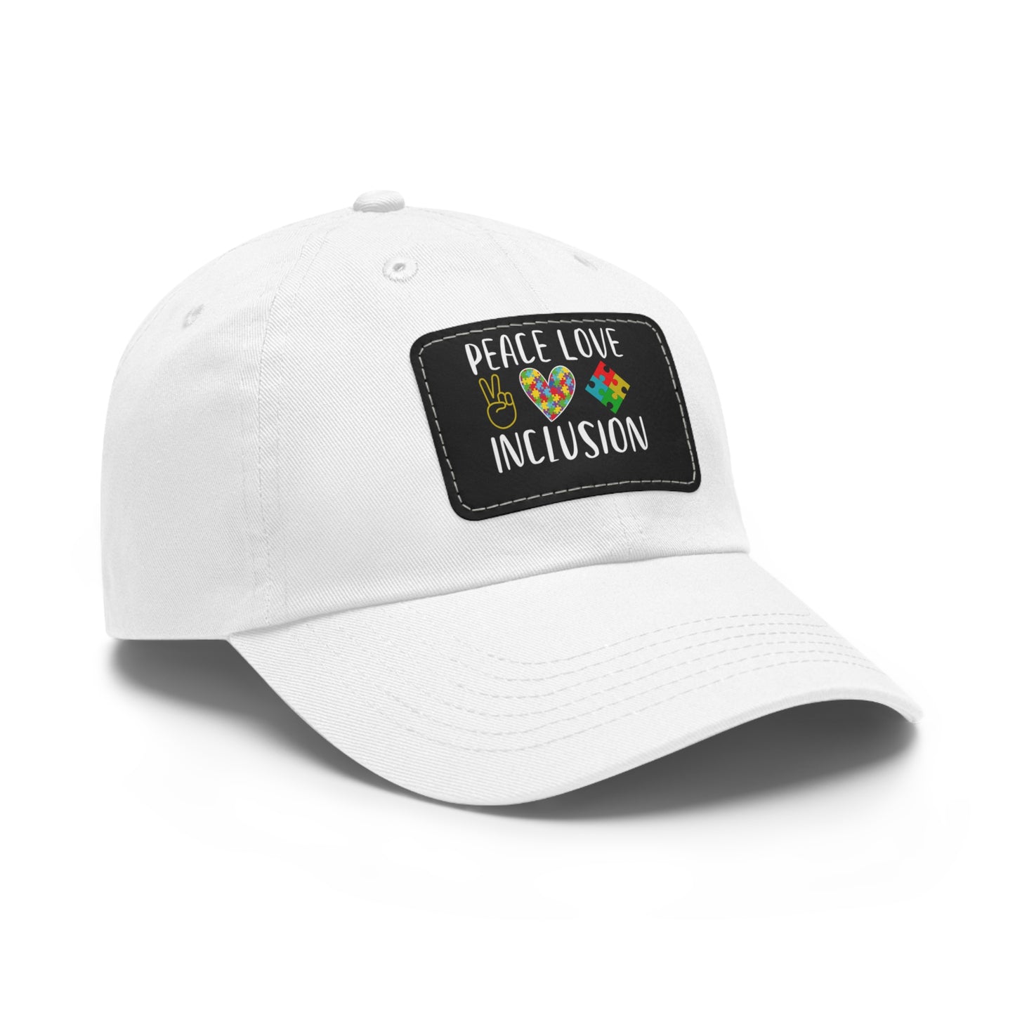 Autism Peace Love Inclusion Dad Hat with Leather Patch (Rectangle)