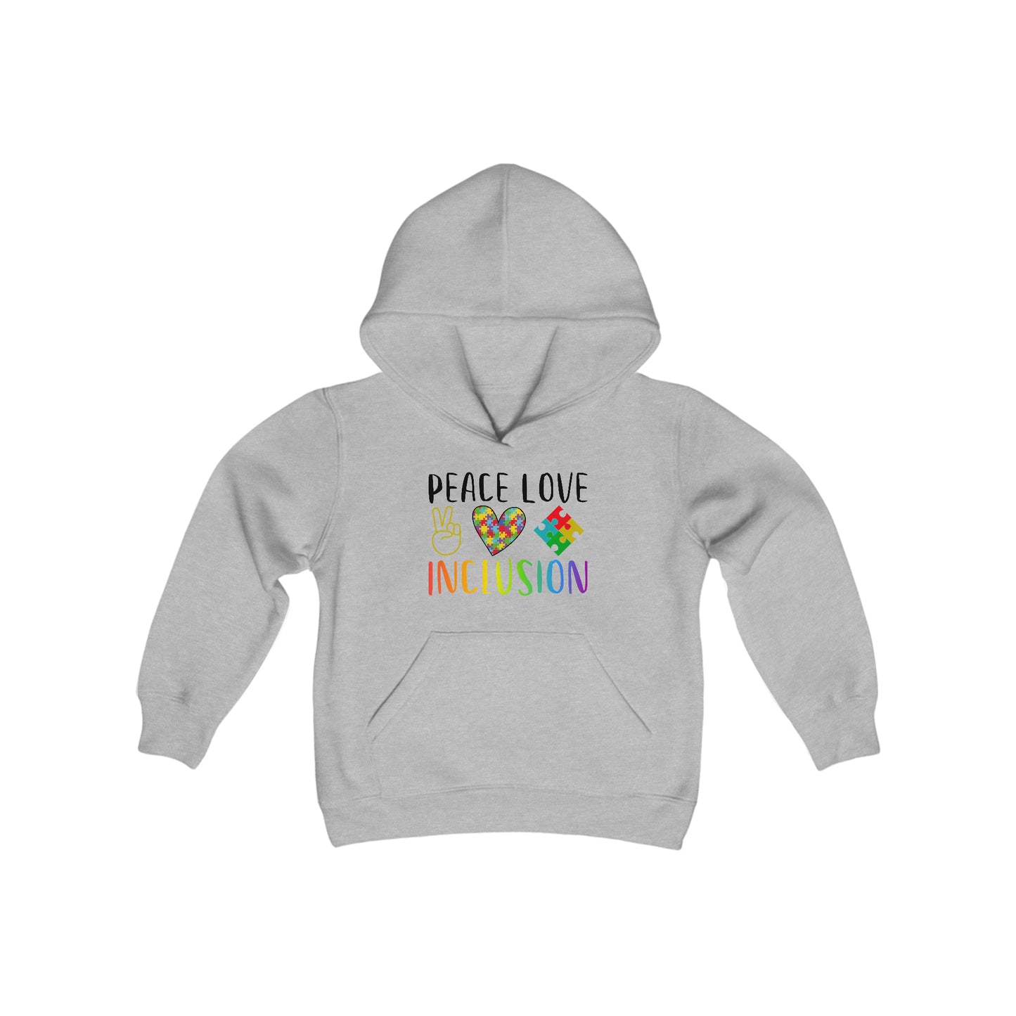 Autism Peace Love Inclusion Youth Heavy Blend Hooded Sweatshirt