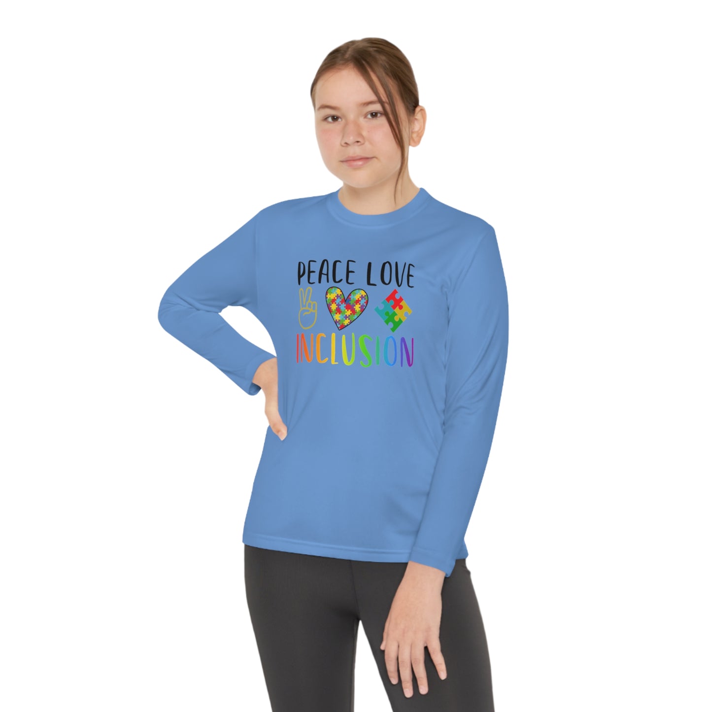 Autism Peace Love Inclusion Youth Long Sleeve Competitor Tee