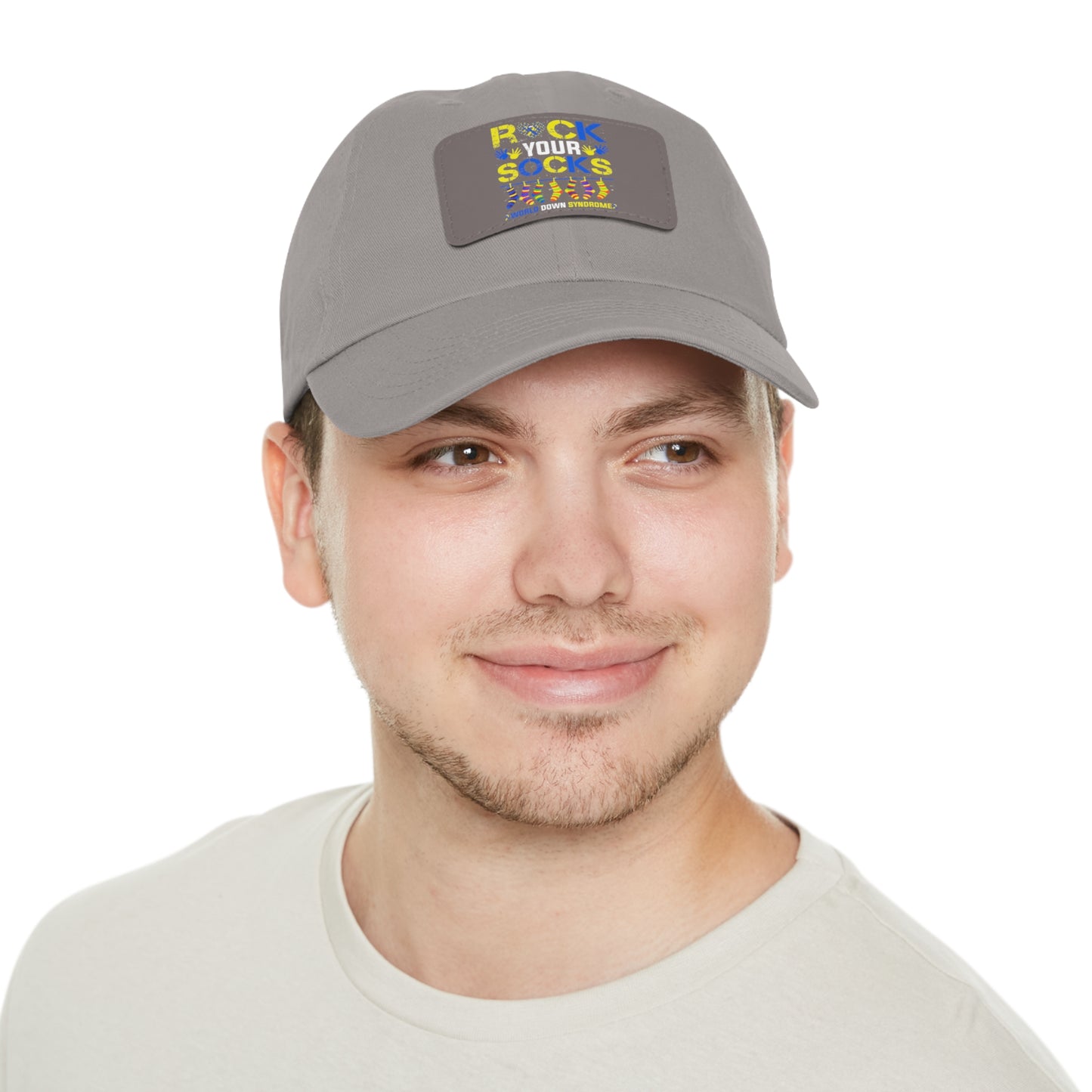 Rock your socks Down Syndrome Dad Hat with Leather Patch (Rectangle)