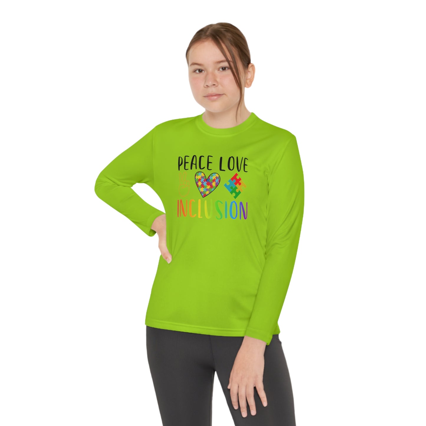 Autism Peace Love Inclusion Youth Long Sleeve Competitor Tee