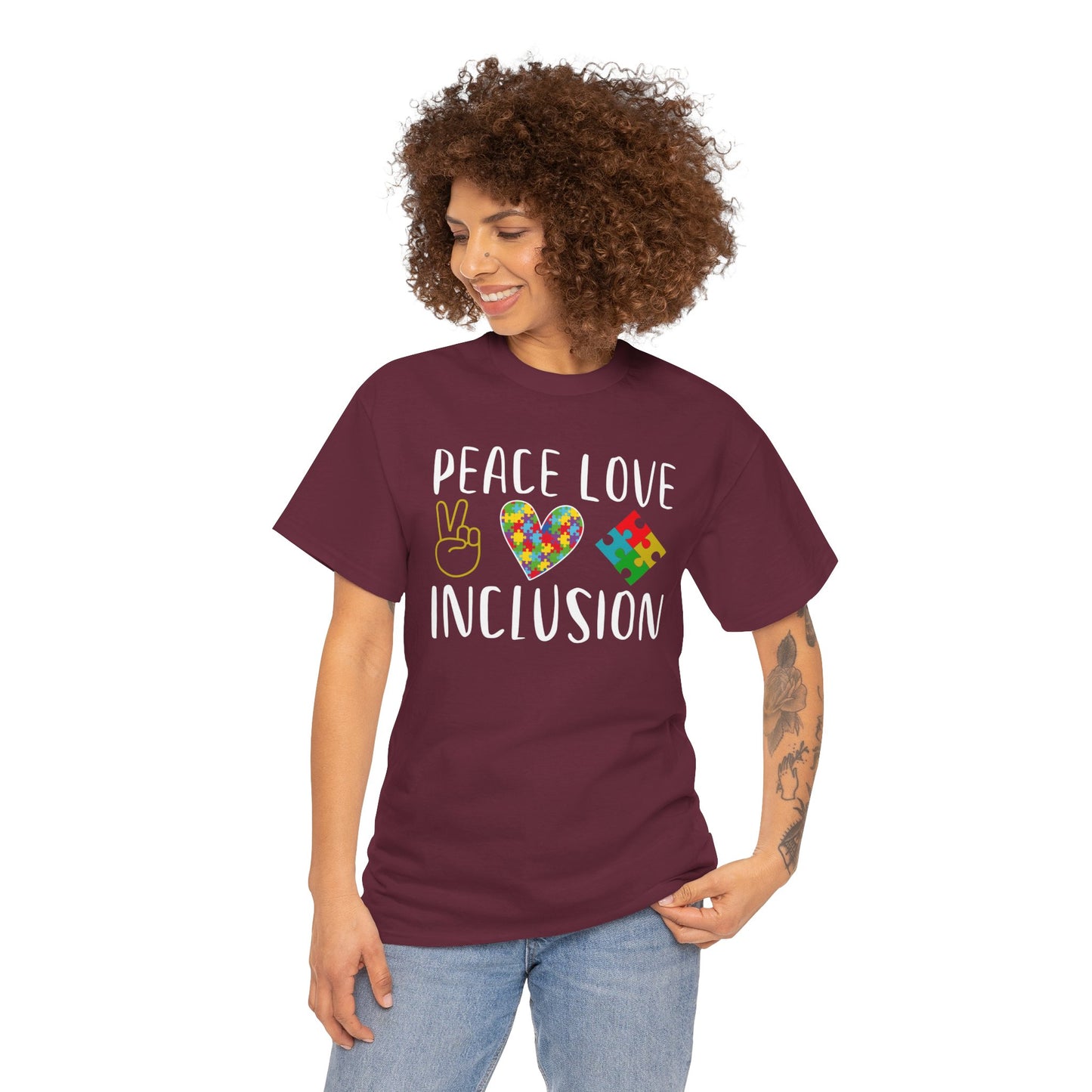 Autism Peace Love Inclusion Unisex Heavy Cotton Tee