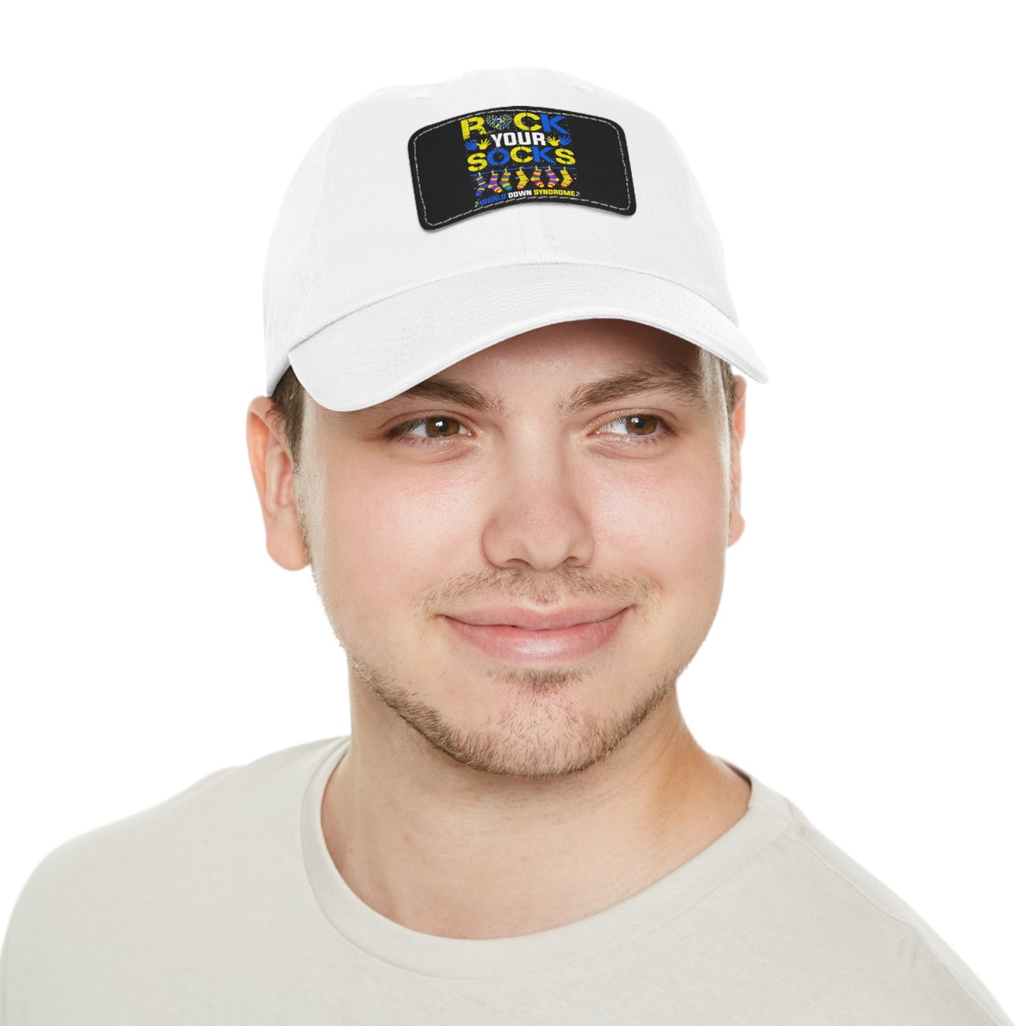 Rock your socks Down Syndrome Dad Hat with Leather Patch (Rectangle)