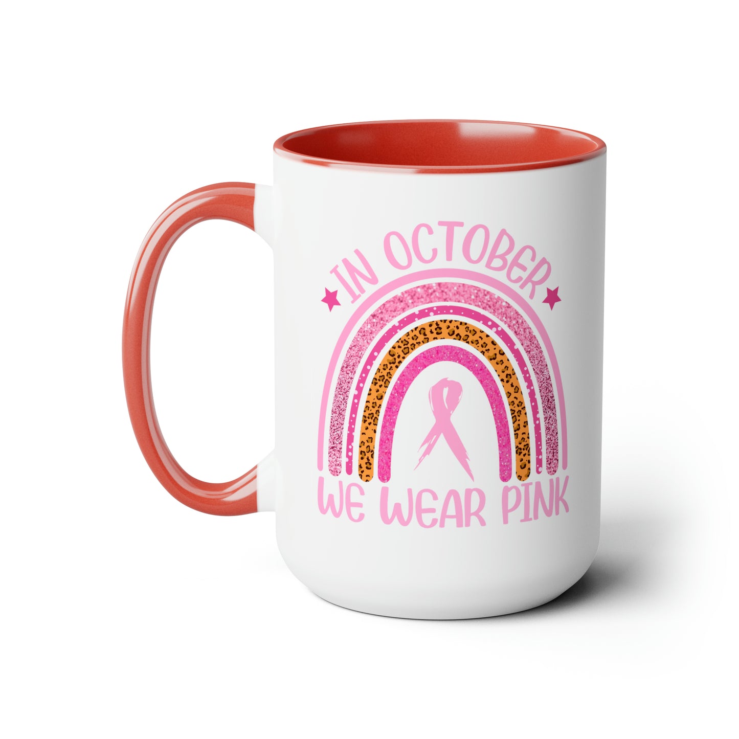 In October we wear Pink Two-Tone Coffee Mugs, 15oz