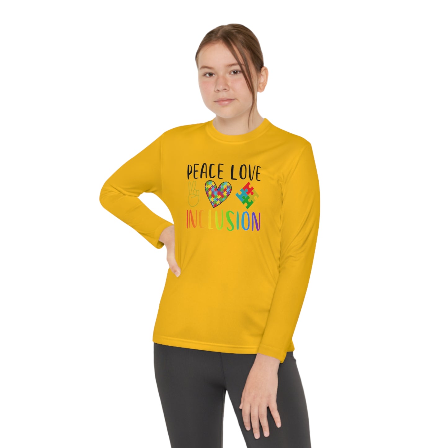 Autism Peace Love Inclusion Youth Long Sleeve Competitor Tee