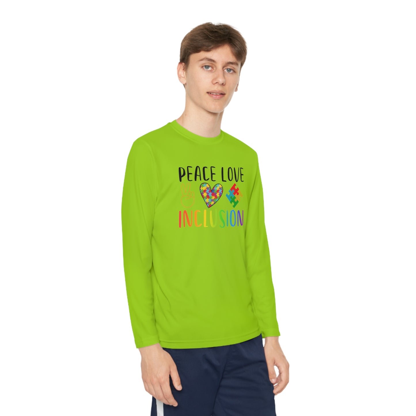 Autism Peace Love Inclusion Youth Long Sleeve Competitor Tee