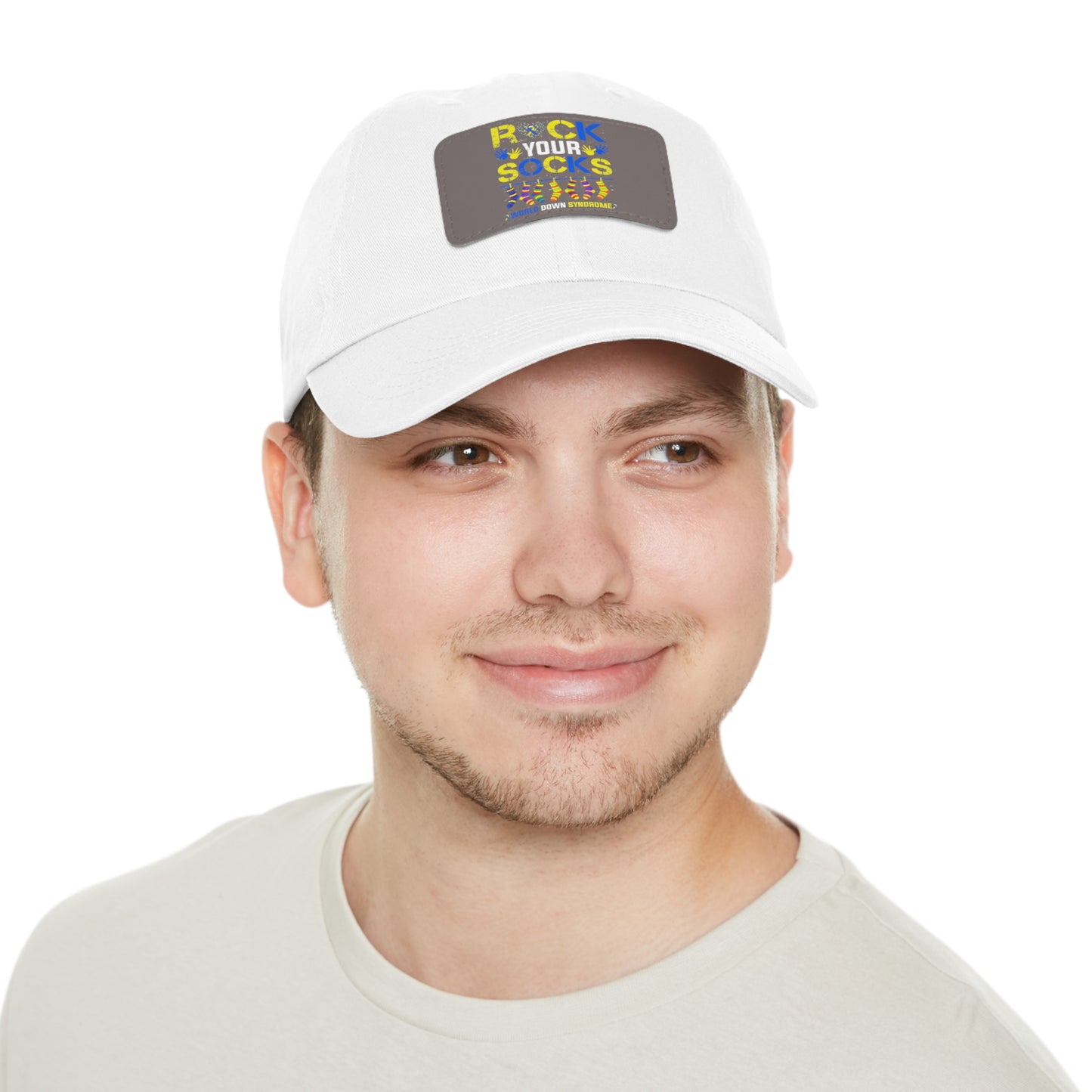 Rock your socks Down Syndrome Dad Hat with Leather Patch (Rectangle)