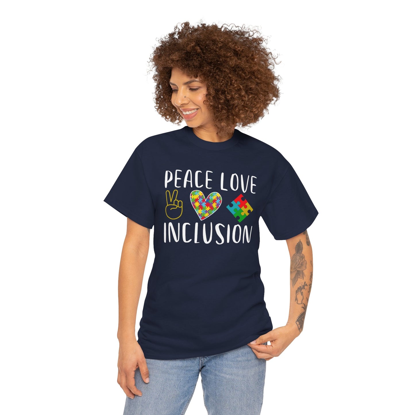 Autism Peace Love Inclusion Unisex Heavy Cotton Tee