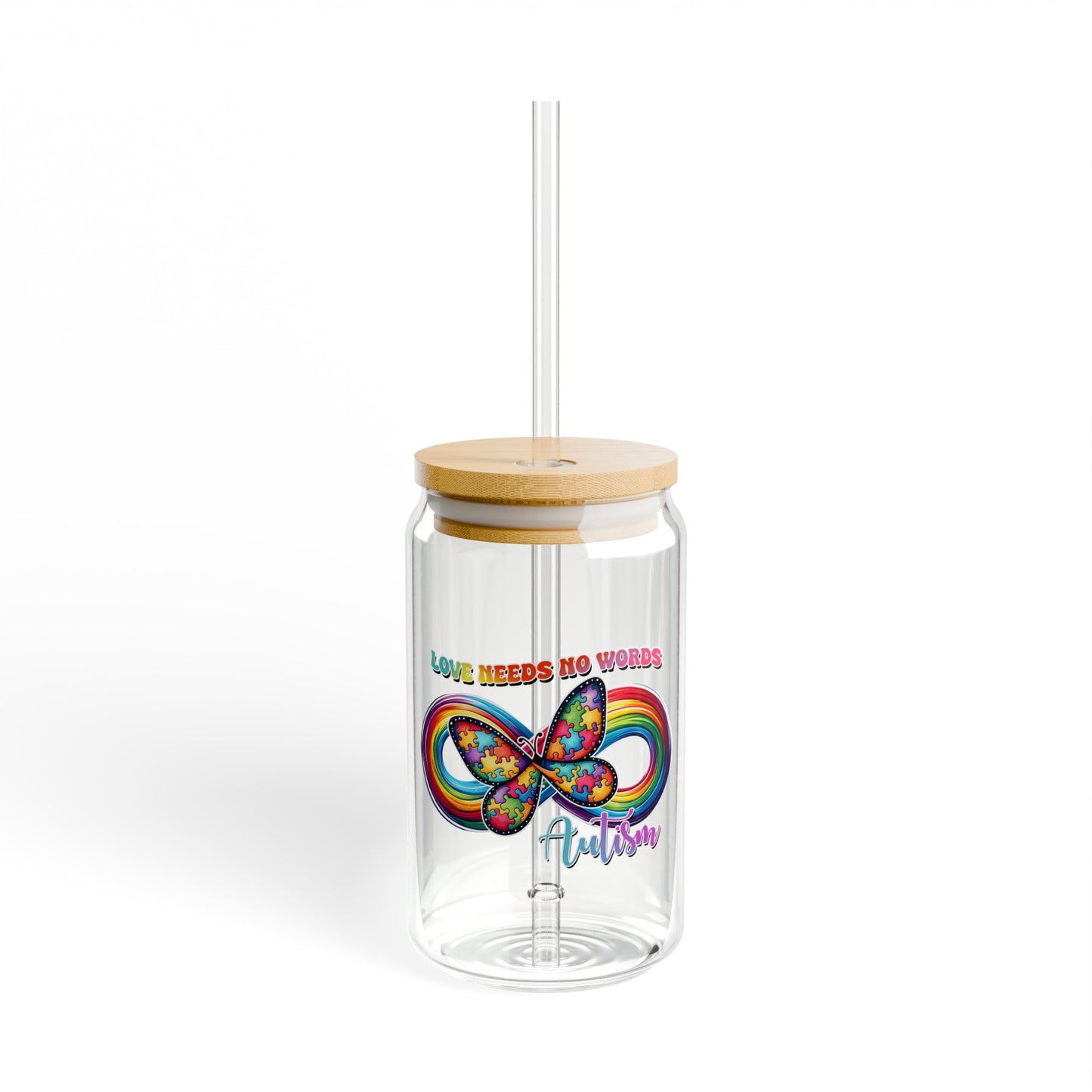 Autism Love needs no words Sipper Glass, 16oz