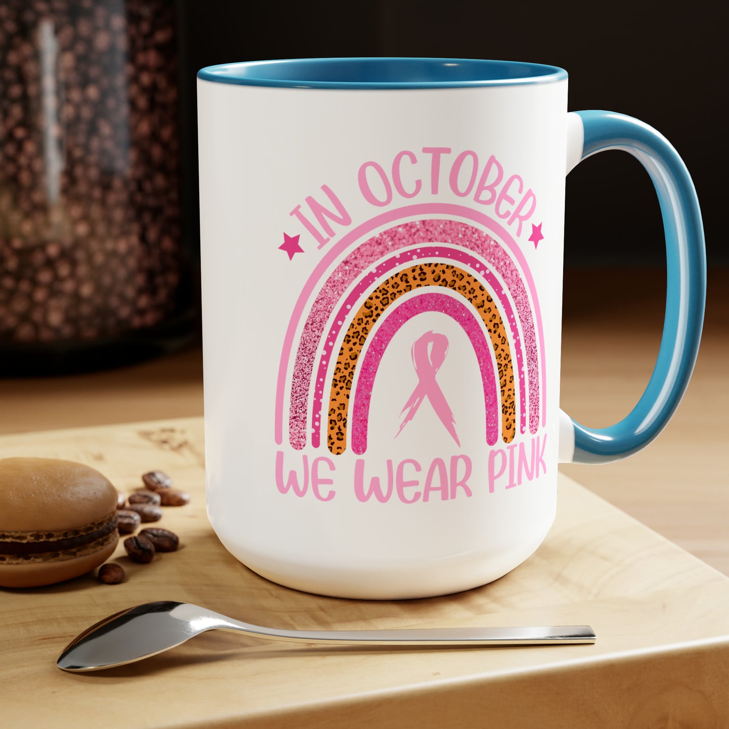 In October we wear Pink Two-Tone Coffee Mugs, 15oz